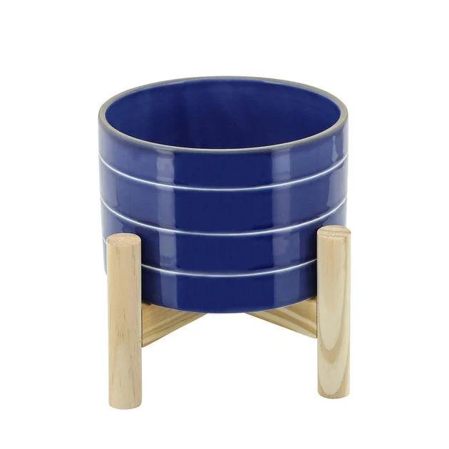 6" Striped Ceramic Planter with Wood Stand - Navy