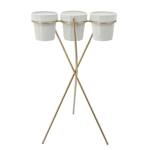 Three-Cup Metal Planter on Gold Stand - White