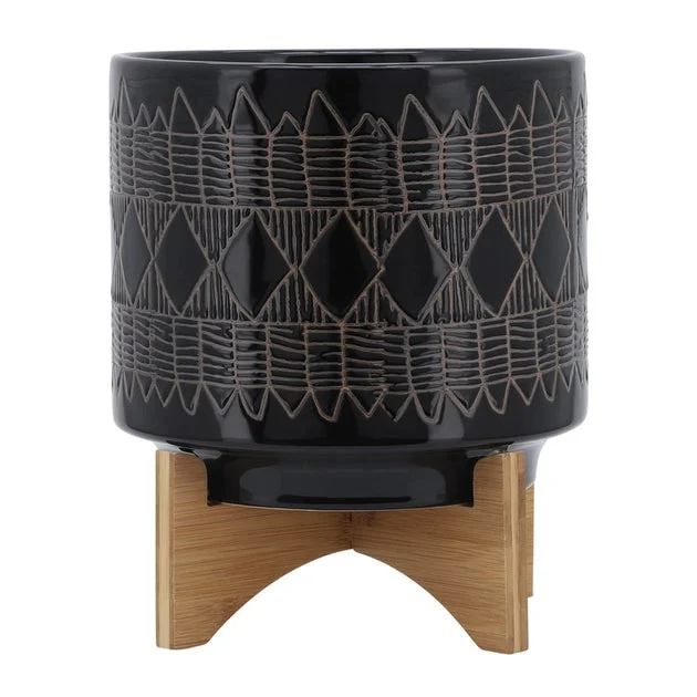 10" Aztec Ceramic Planter on Wooden Stand - Black