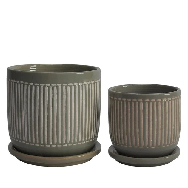 5"/6" Tribal Dots Ceramic Planters with Saucers Set of 2 - Gray