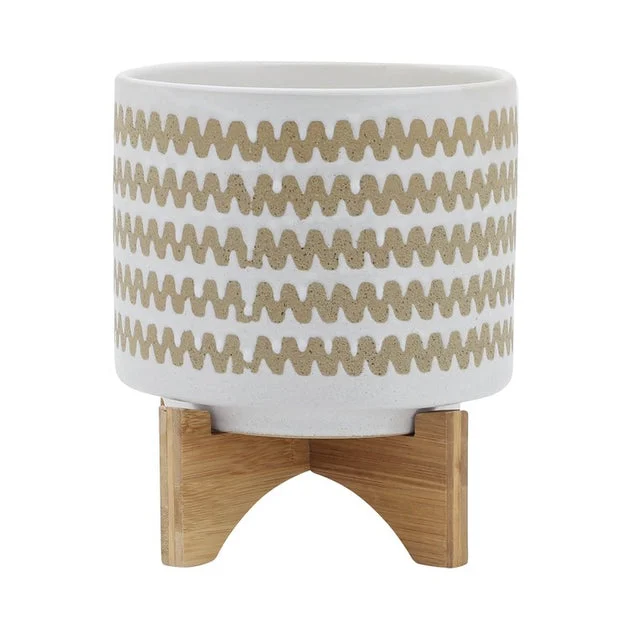 9" Zig-Zag Ceramic Planter with Stand - White