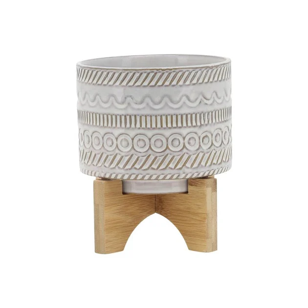 5" Tribal Planter with Wood Stand - Beige