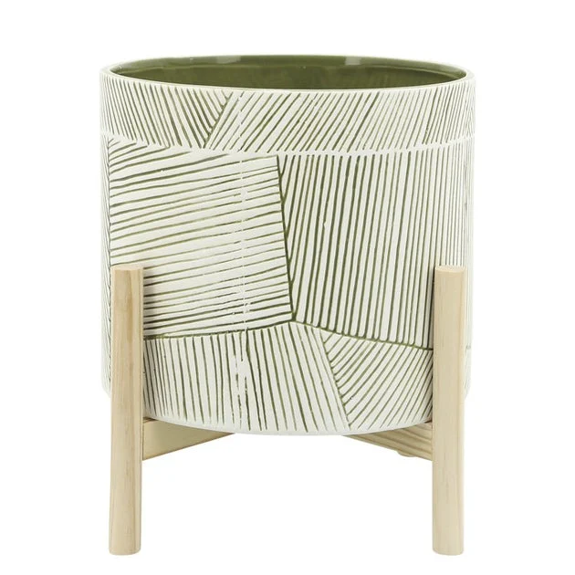 10" Abstract Lines Ceramic Planter with Wood Stand - Green Mix