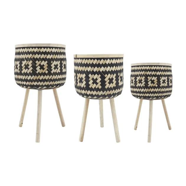 11"/13"/15" Checkered Bamboo Planters Set of 3 - Brown/Black