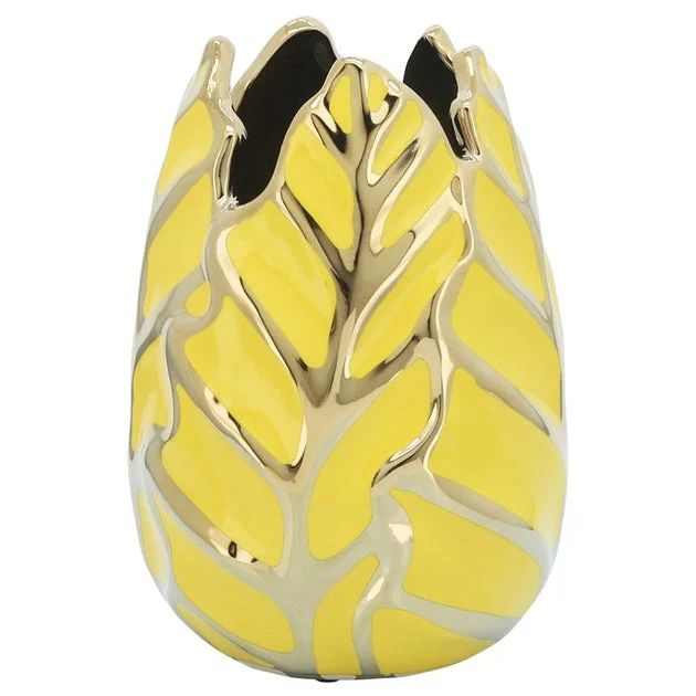 8" Ceramic Leaf Vase - Yellow/Gold