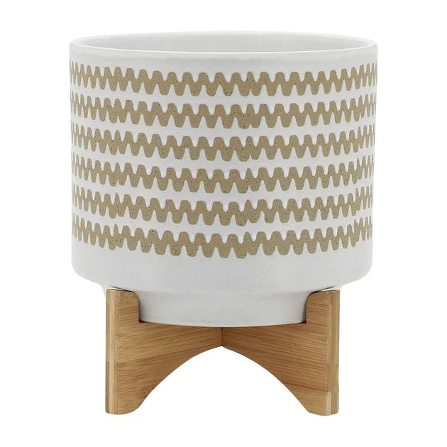 12" Zig-Zag Ceramic Planter with Stand - White