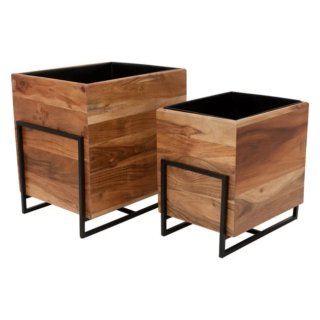 14"/17" Square Wood Planters with Metal Bases Set of 2 - Brown/Black