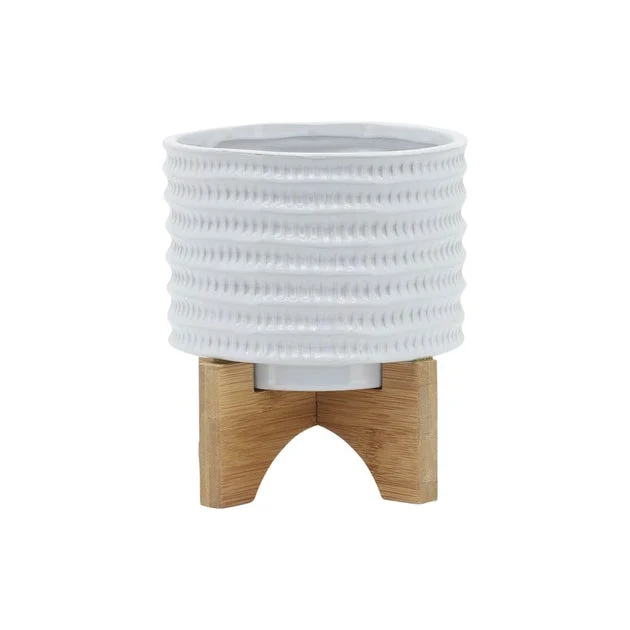 5" Textured Ceramic Planter with Wood Stand - White