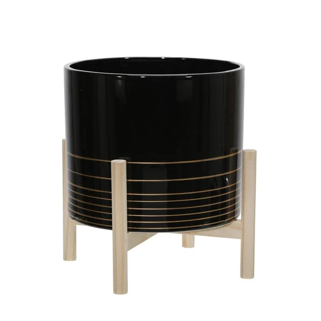 10" Metallic Striped Ceramic Planter with Wood Stand - Black