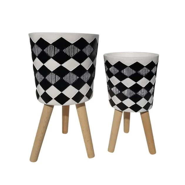10"/12" Harlequin Diamond Ceramic Planters with Wood Legs Set of 2 - Black (Knockdown Design)
