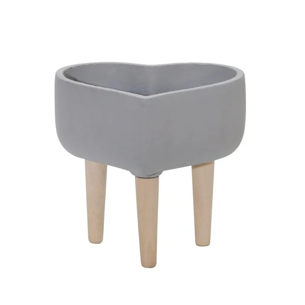 9" Ceramic Heart Planter with Wooden Legs - Gray