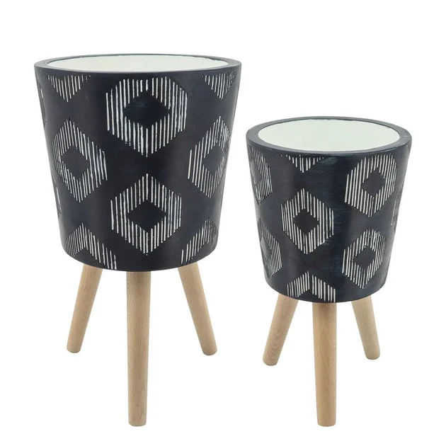 10"/12" Large Diamond Ceramic Planters with Wood Legs Set of 2 - Black (Knockdown Design)
