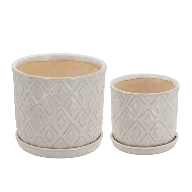 Diamond Planters with Saucers Set of 2 - Beige