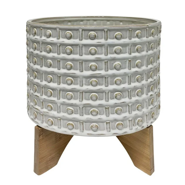 11" Dotted Ceramic Planter with Wood Stand - Ivory