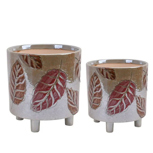 Embossed Leaves Ceramic Footed Planters Set of 2 - Red, White, Gold