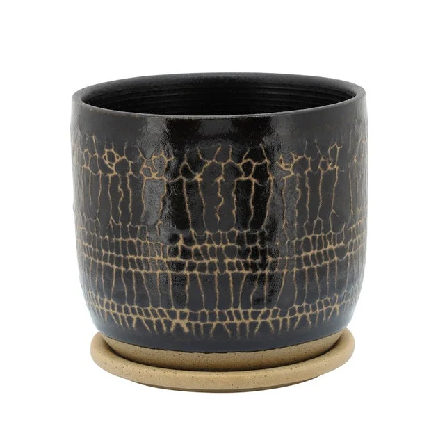 7" Glazed Ceramic Planter with Saucer - Black