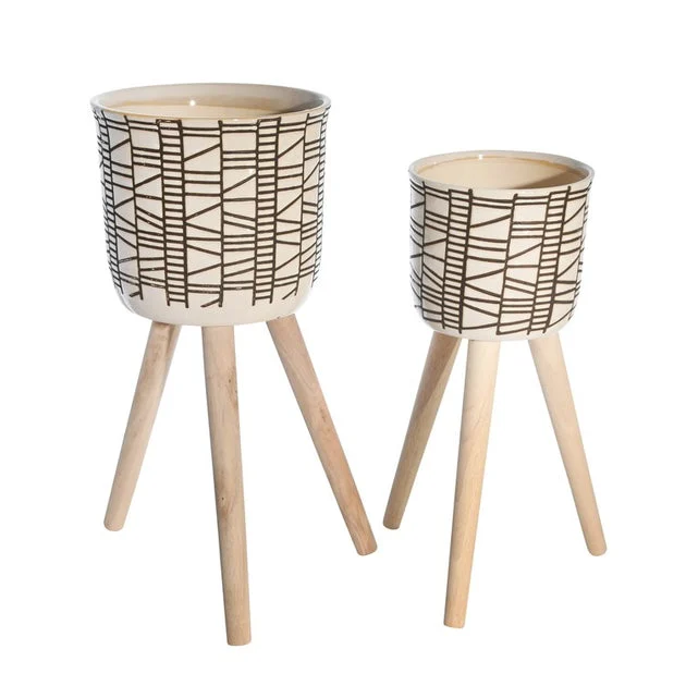 Abstract Ceramic Planters with Tripod Wood Legs Set of 2 - Ivory/Beige
