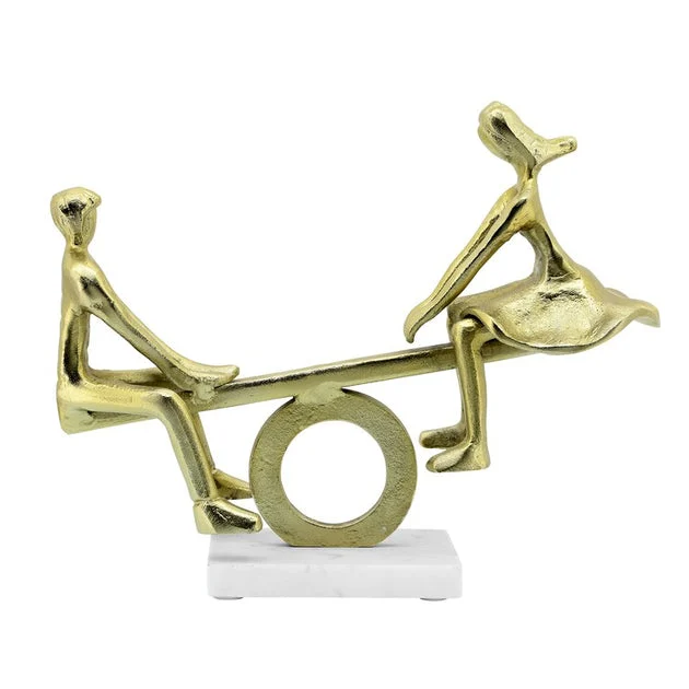 17" Metal Couple on See-Saw Sculpture on Marble Base- Gold