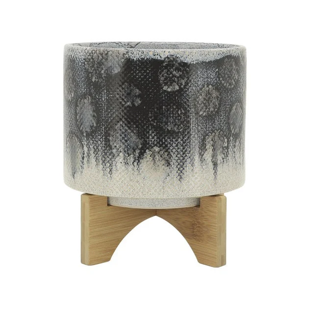 7" Snakeskin Ceramic Planter with Wood Stand - Blue