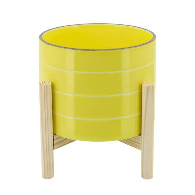 8" Striped Ceramic Planter with Wood Stand - Yellow