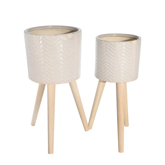 Chevron Ceramic Planter with Tripod Wood Legs Set of 2 - Beige
