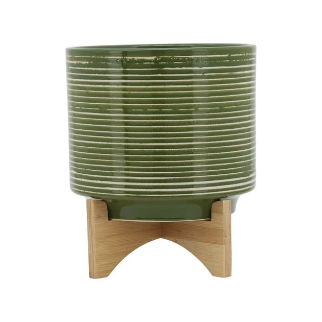11" Brushed Stripes Ceramic Planter on Wood Stand - Olive