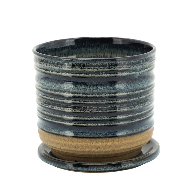 6" Textured Rings Ceramic Planter with Saucer - Multi