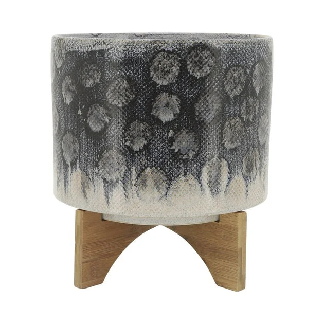 8" Snakeskin Ceramic Planter with Wood Stand - Blue