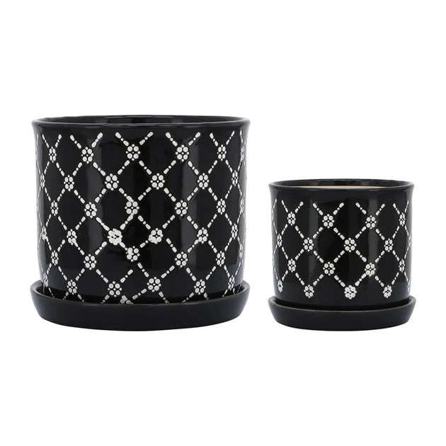 6"/8" Chained Daisies Ceramic Planters with Saucers Set of 2 - Black