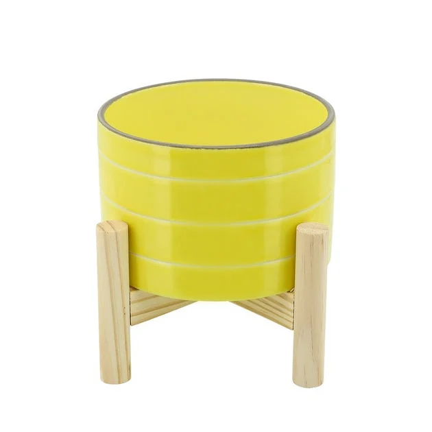 6" Striped Ceramic Planter with Wood Stand - Yellow