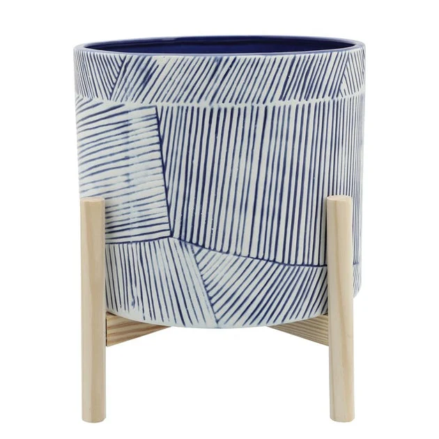 10" Abstract Lines Ceramic Planter with Wood Stand - Navy
