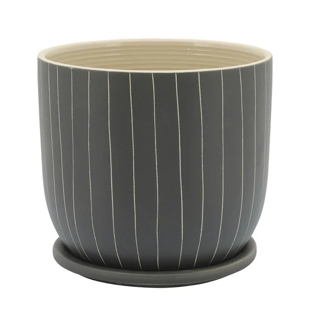 7" Stripes Ceramic Planter with Saucer - Gray