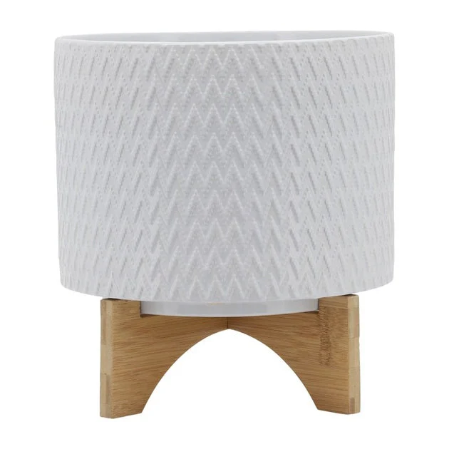 11" Chevron Ceramic Planter with Wood Stand - White