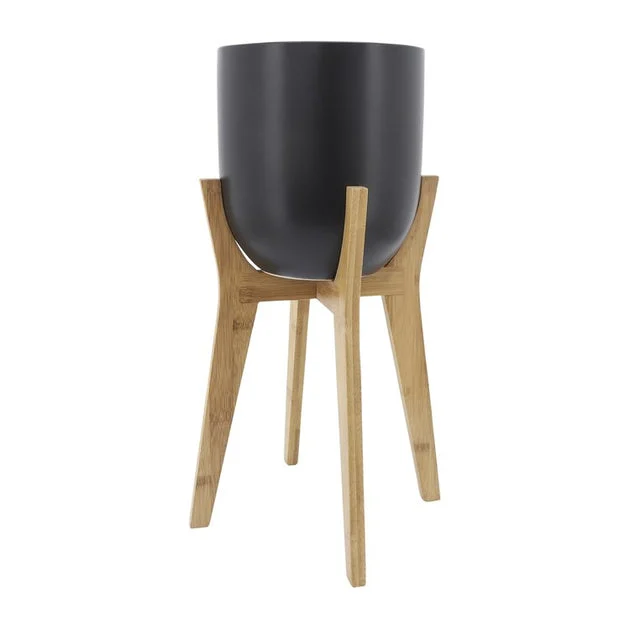 8" Ceramic Planter with Wooden Stand - Black