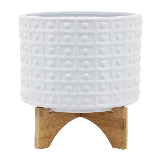 11" Dotted Ceramic Planter with Stand - White