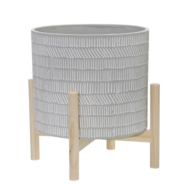 10" Tribal Lines Ceramic Planter with Wood Stand - Beige