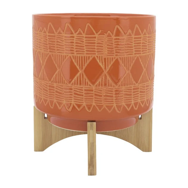 10" Aztec Ceramic Planter on Wooden Stand - Orange