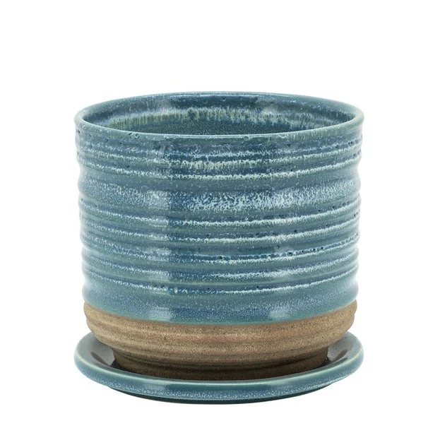 6" Textured Rings Ceramic Planter with Saucer - Aqua