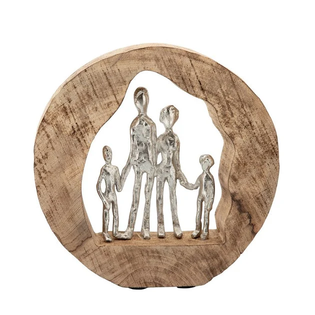 Aluminum Family in Mango Wood Circle - Silver/Brown