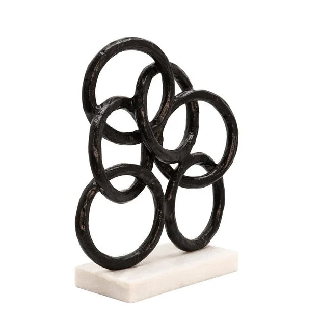 13" Interconnected Metal Rings on Marble Base - Black