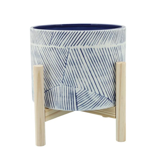 8" Abstract Lines Ceramic Planter with Wood Stand - Navy
