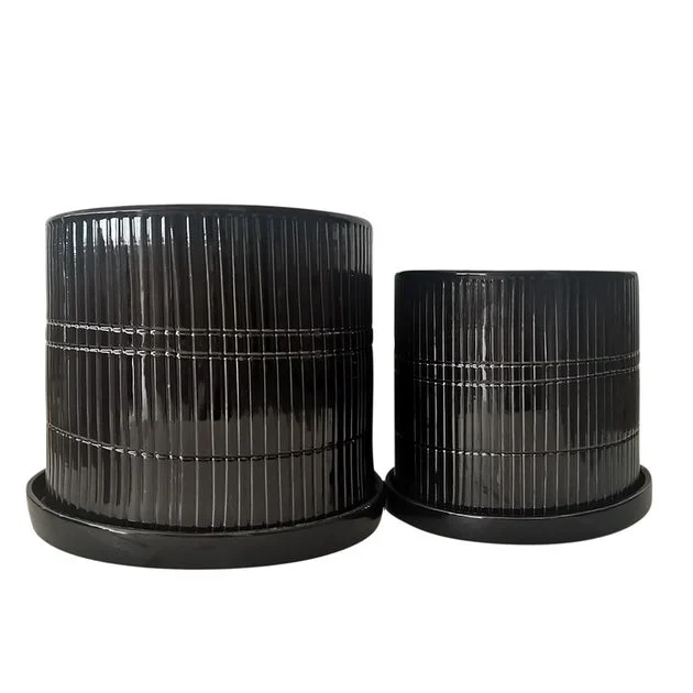 10"/12" Textured Planters with Saucers Set of 2 - Black