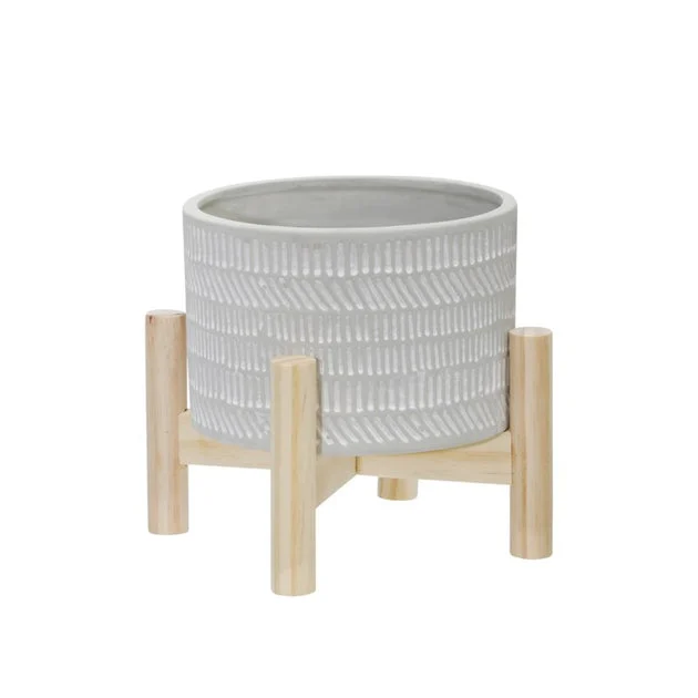 6" Tribal Lines Ceramic Planter with Wood Stand - Beige