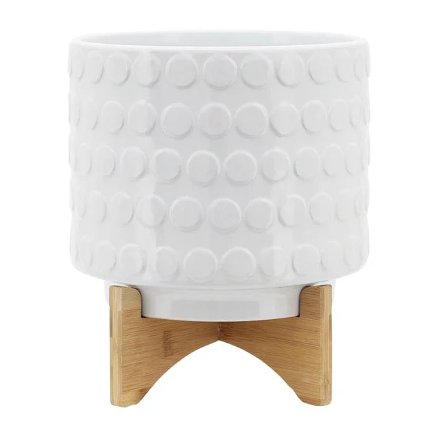 10" Spotted Ceramic Planter on Wooden Stand - White