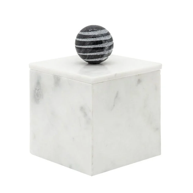 5" x 7" Lidded Marble Box with Orb Knob - White