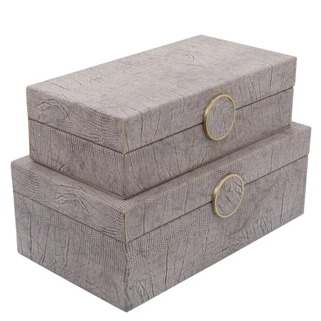 10"/12" Velvet-Covered Wood Boxes with Medallion Clasp Set of 2 - Beige