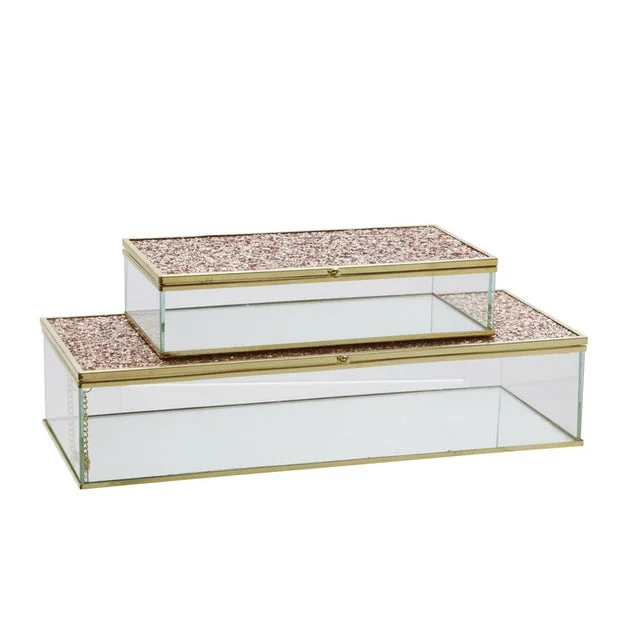 8"/10" Metal/Glass Lidded Boxes with Glittered Tops Set of 2 - Blush