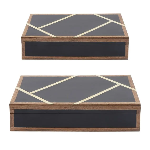 10"/12" Polyresin/MDF Boxes with Gold Inlay Set of 2 - Black