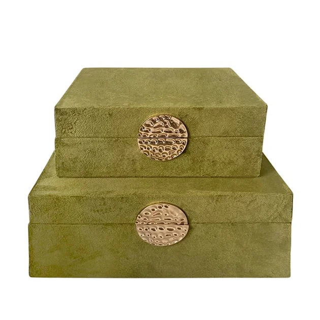 10"/12" Wood Boxes with Medallion Set of 2 - Olive/Gold