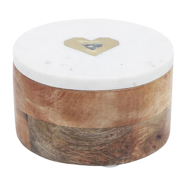 5" Round Wood Box with Marble Lid and Heart Accent - Natural/White